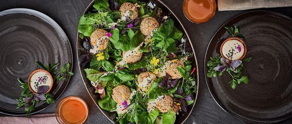 Chickpea and herb falafel with hemp dip