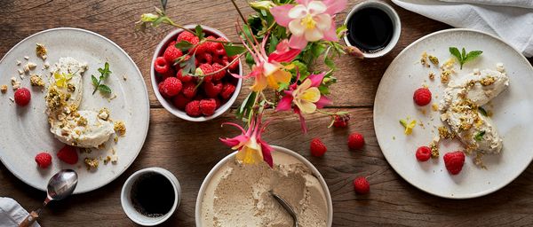 Vanilla and hemp mousse with raspberries