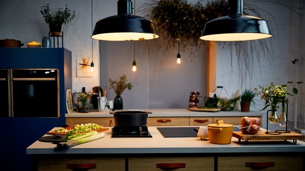 Kitchen worktop with over head lighting