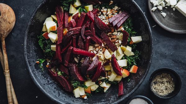 Beetroot Kale Salad with Salmon and Orange Dressing