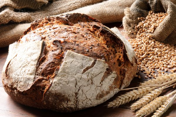 Pagnotta di pane con crosta croccante su tavolo in legno, con spighe di grano e chicchi