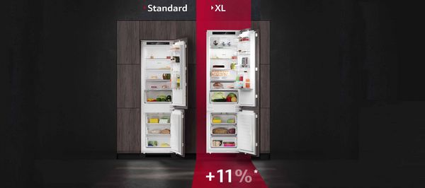 Standartinio šaldytuvo-šaldiklio ir XL šaldytuvo-šaldiklio lyginamasis vaizdas  