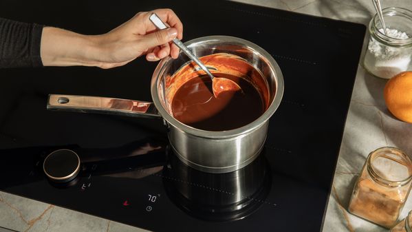 chocolate and butter melt gently at 70 °C