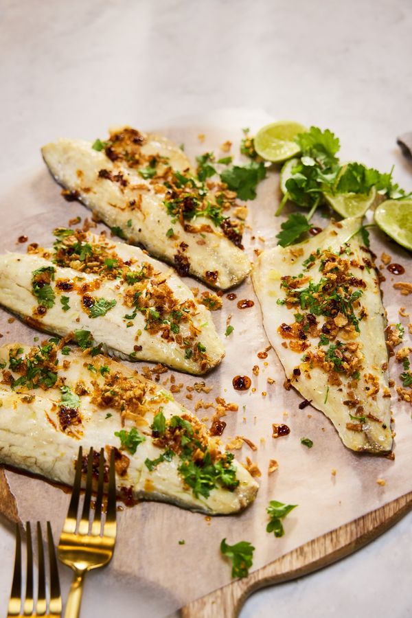Steamed Seabass with Shallot Crumbs and Caper Yoghurt Sauce