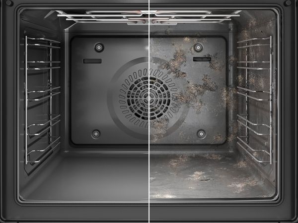 Interno di forno a confronto: lato pulito e lato con residui di sporco