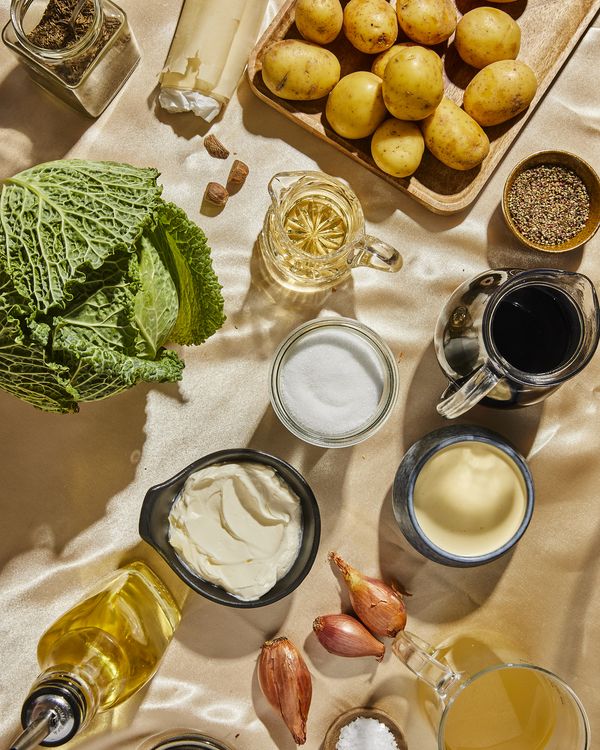 Ingredient overview for a potato and hazelnut strudel