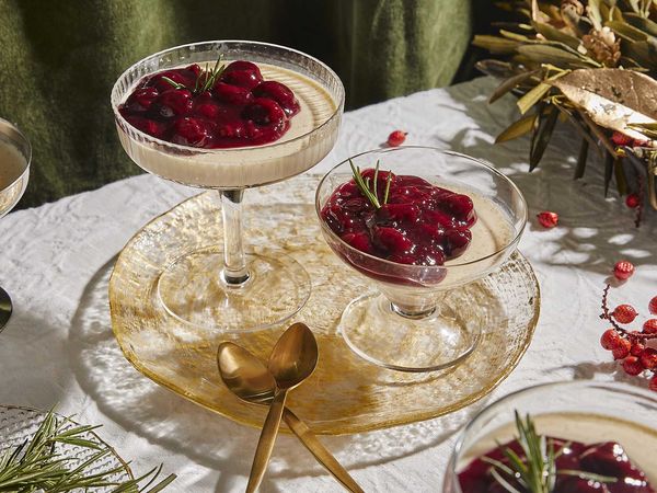 Panna Cotta with mulled wine cherries served in cocktail glasses