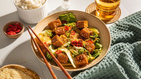 Crispy Air Fryer Tofu and Bok Choy Stir Fry served in a bowl