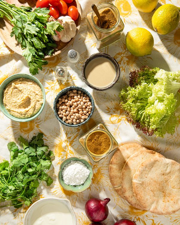 Ingredients for a Falafel sandwich with hummus 