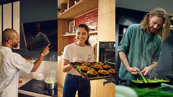Chris Glass, Anahita Sadighi, Robert Ames die in hun gepersonaliseerde NEFF-keuken koken