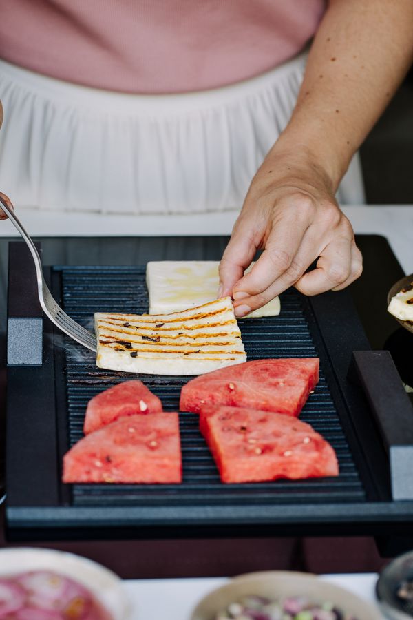 Melon and halloumi fried on NEFF Griddle Plate. 