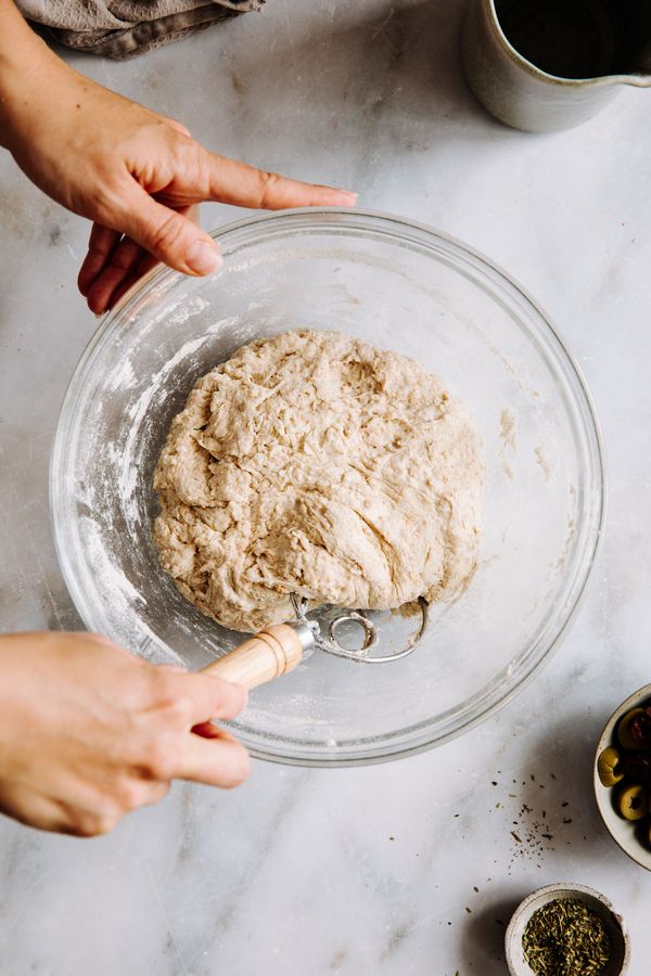 Dough in a mixing bowl. 