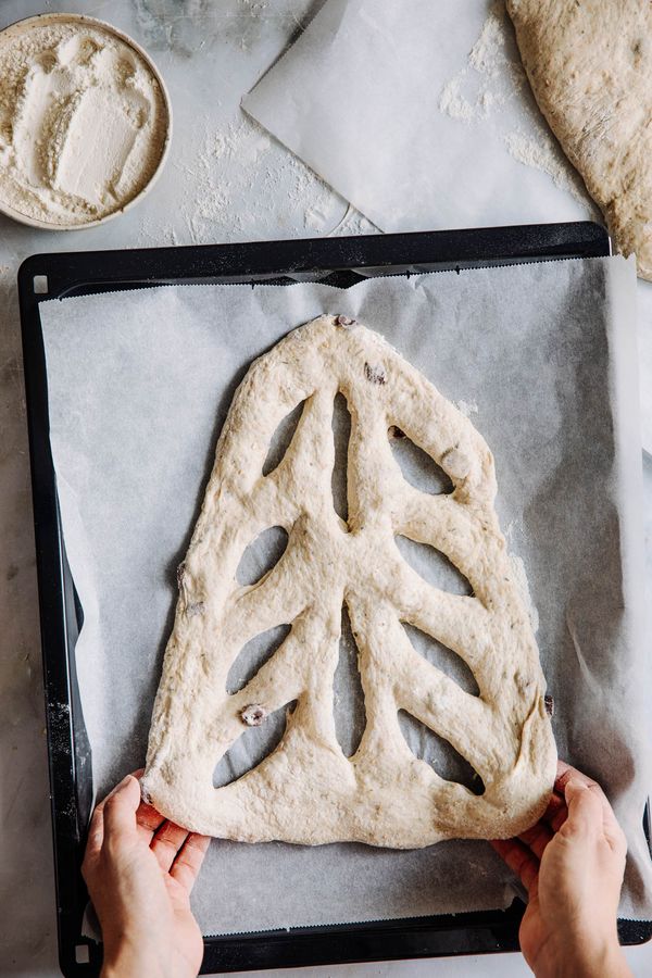 Dough now taken shape and laying on a baking tray ready to go back into the oven.