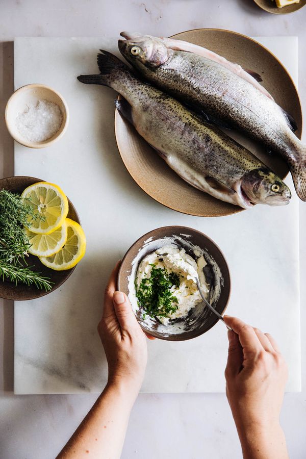 Cream cheese being prepared for fish filling. 