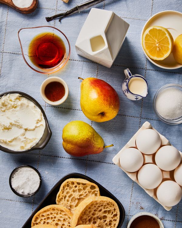 Ingredients for French toast casserole with baked pears