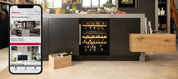  A modern kitchen featuring a wine rack and a sleek refrigerator, showcasing a blend of style and functionality.