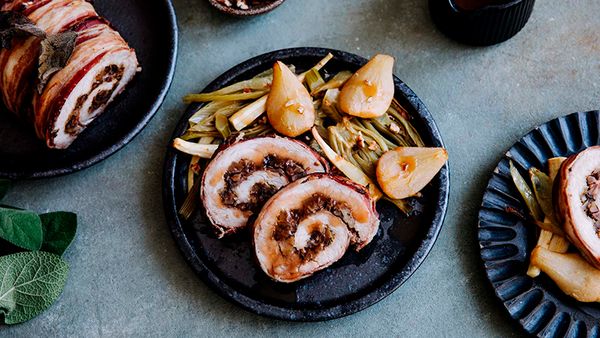 Roast pork with pear, fennel and port wine sauce