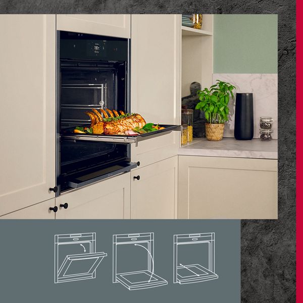 A modern kitchen featuring a refrigerator and an oven, showcasing a clean and organized cooking space.