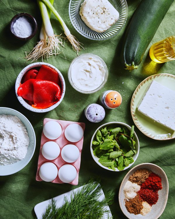 Ingredients for air fried zucchini fritters with roasted pepper dip