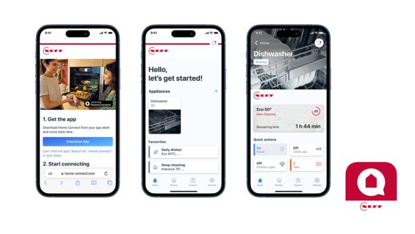Kolm nutitelefoni, millel kuvatakse NEFF Home Connecti rakendust 