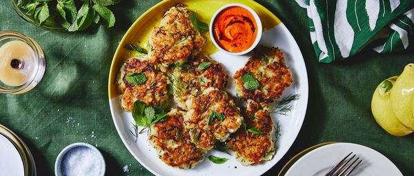 Air Fried Zucchini Fritters with Roasted Pepper Dip