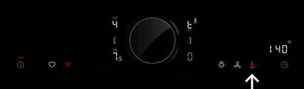 A black screen displays a clock with a red arrow pointing right, indicating the frying sensor's status.