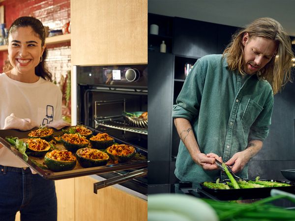 Separate people cooking food in kitchens