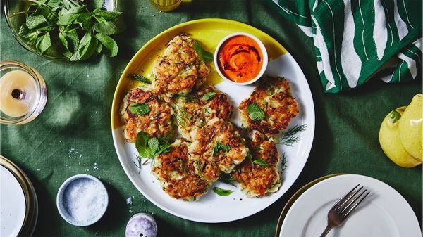 Air Fried Zucchini Fritters with Roasted Pepper Dip