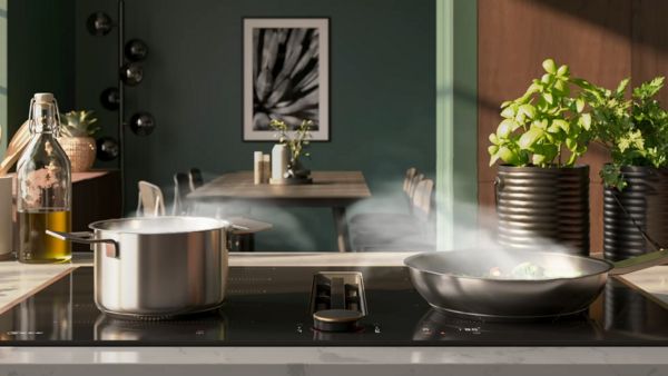 Šiuolaikiška virtuvė su puodais ant indukcinės kaitlentės, kylančiais garais ir augalais ant stalviršio.