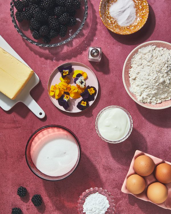 Vertical blackberry stripe cake ingredients ready to use