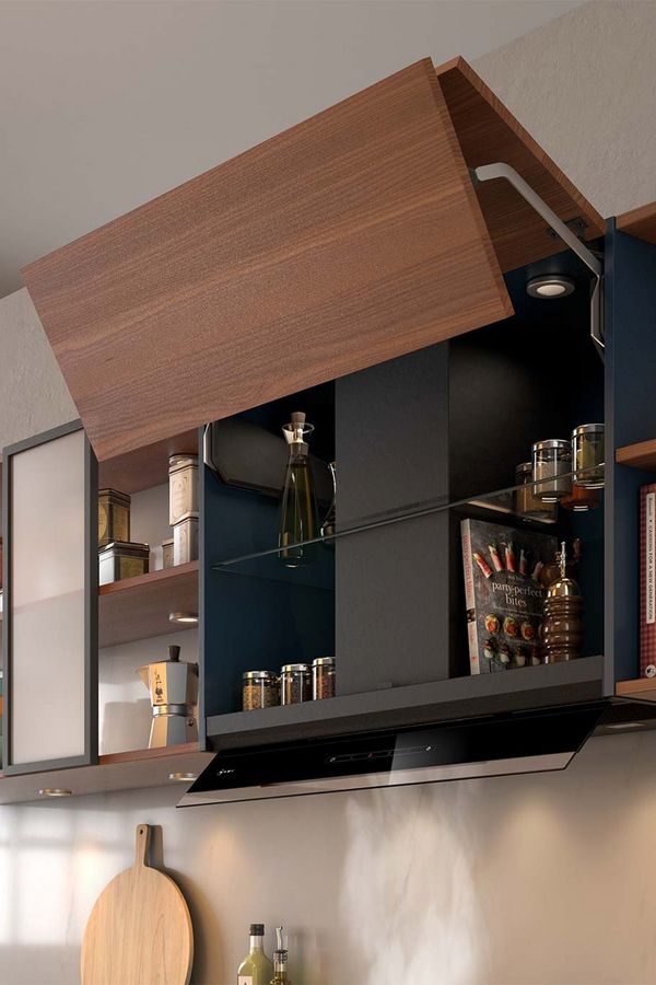 Integrated hood in a bright, modern kitchen showing storage options