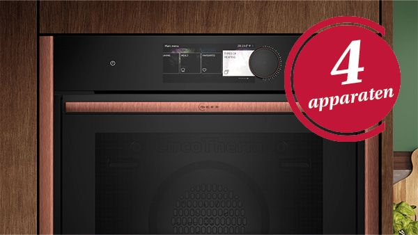 Een NEFF oven met zijlijsten in het brons met daarop het logo om 4 apparaten te registreren.