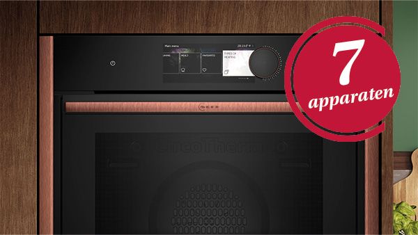 Een NEFF oven met zijlijsten in het brons met daarop het logo om 7 apparaten te registreren.