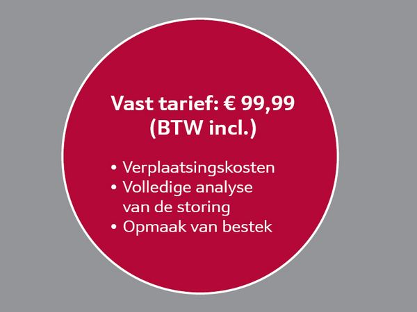 Rode circulaire afbeelding met een vast tarief van € 99,99 inclusief BTW, vermelding van diensten zoals reiskosten, volledige analyse en schatting.