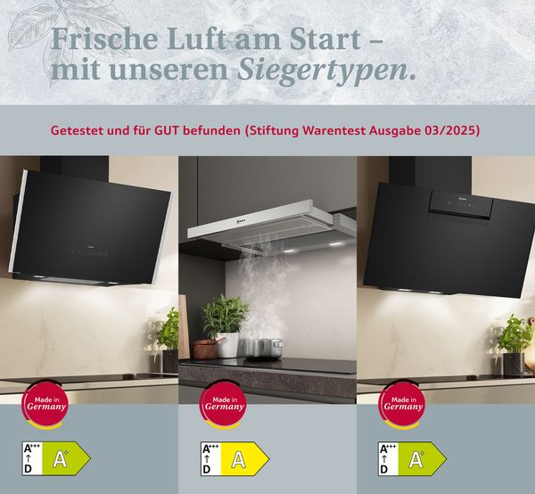 Drei NEFF Dunstabzugshauben überzeugen bei Stiftung Warentest 2025.