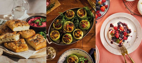 A dark coloured table with a few ingredients like nettle, two eggs, butter, red onions, cheese or lemons