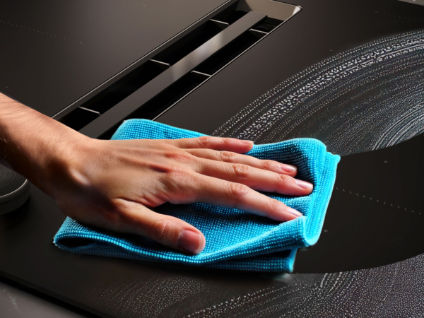 Hand wischt mit einem blauen Mikrofasertuch über die Oberfläche des NEFF Matt Black Kochfelds mit integriertem Dunstabzug während der Reinigung.