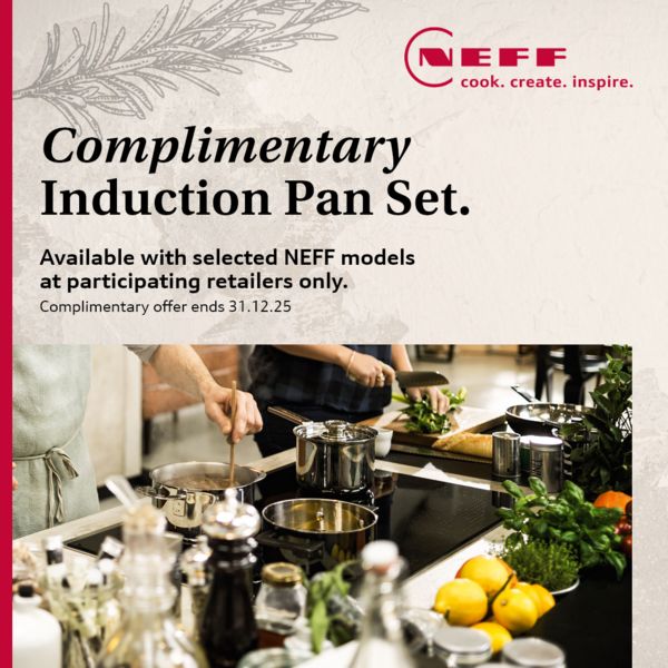 Complimentary induction saucepan set and teppanyaki pan worth up to €582, kitchen cookware offer.