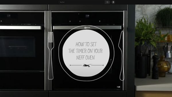 Илюстрация на чиния, нож и вилица, поставени върху фурна NEFF. На чинията е изписано "Как да настроите таймера на вашата фурна".