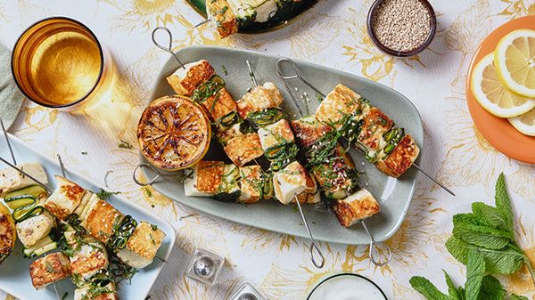 Halloumi & Zucchini Skewers with Grilled Lemon Dip