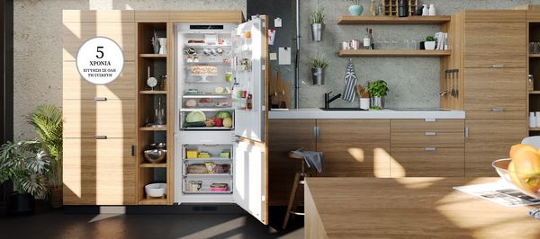 Ένας εντοιχιζόμενος ψυγειοκαταψύκτης σε μία κουζίνα.