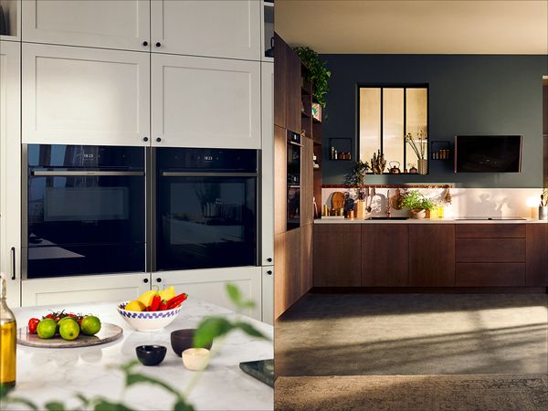 Split view of different kitchen styles with NEFF appliances