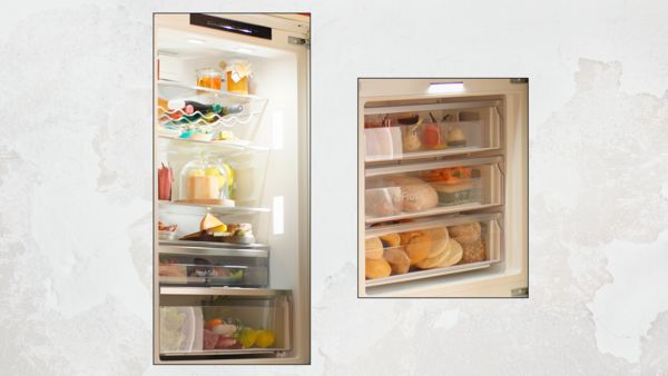 Un frigorifero perfettamente illuminato con tutti gli alimenti in ordine sui vari ripiani