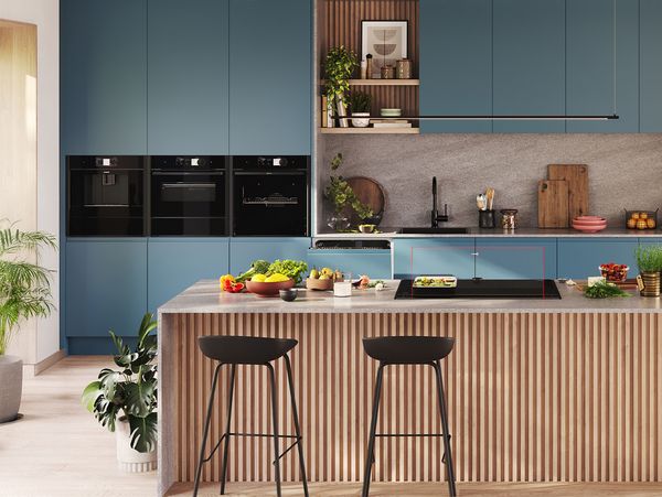 Side by side built in appliances in blue open kitchen