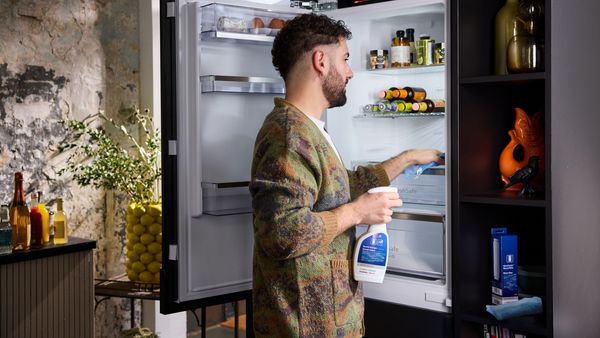 Uomo che pulisce l’interno del frigorifero con lo spray Cleaning&Care Neff