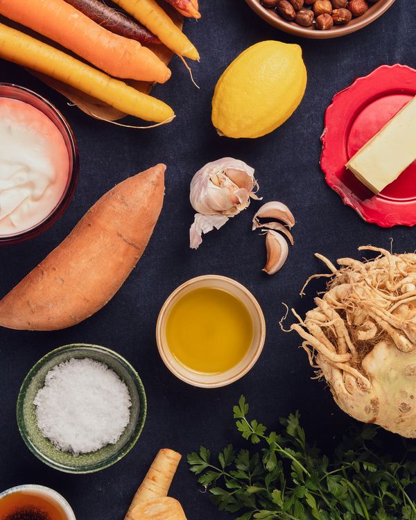 Ingredients for Roasted root vegetables with brown butter and hazelnuts.