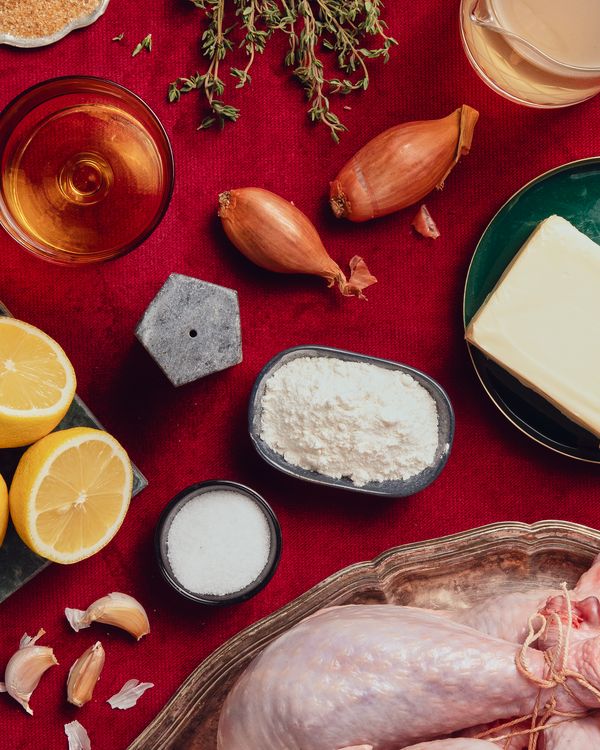 Ingredients for lemon and thyme roast turkey with shallots and pan gravy.