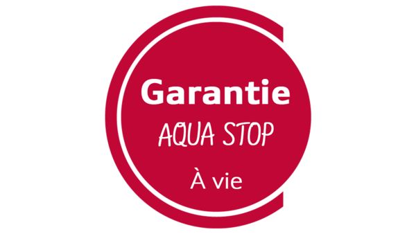 Graphique de la garantie AquaStop à vie, mettant en avant la protection contre les dégâts des eaux pour les appareils de cuisine. 