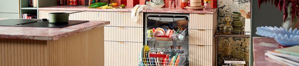 Moderni virtuvė su indaplove, prisotinta spalvingų lėkščių, ir stalviršiu, kuriame gausu daržovių ir virtuvės reikmenų.