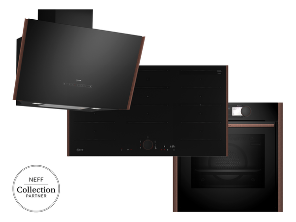 NEFF Kochfeld, Dunstabzugshaube und Backofen in dunklem Design mit seitlichen Designelementen, dargestellt als NEFF Collection Partner.